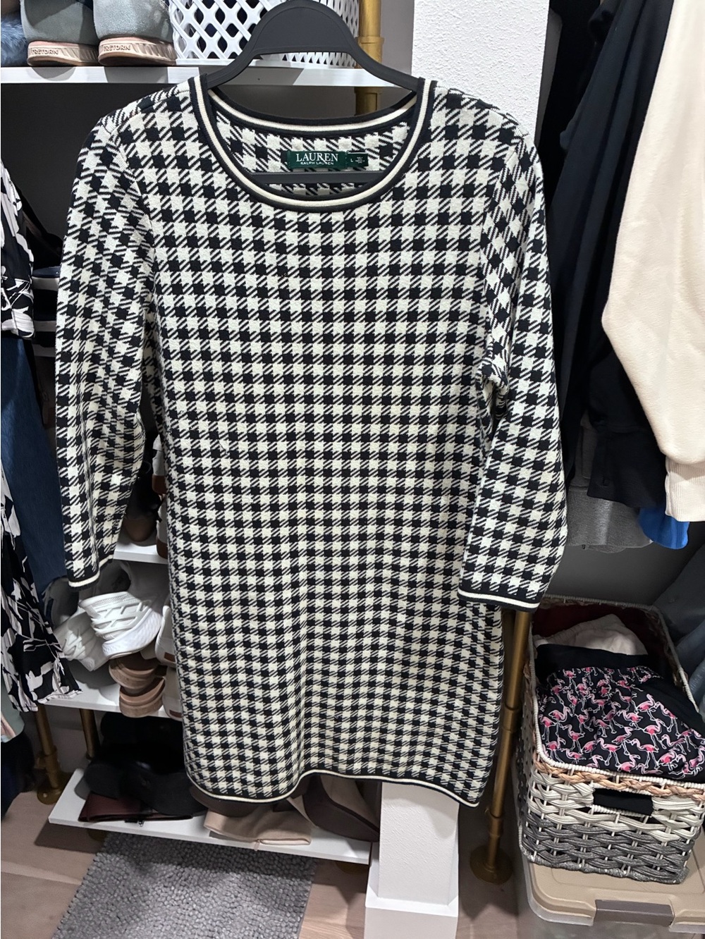 Ralph Lauren Black and White Houndstooth Long Sleeve Dress